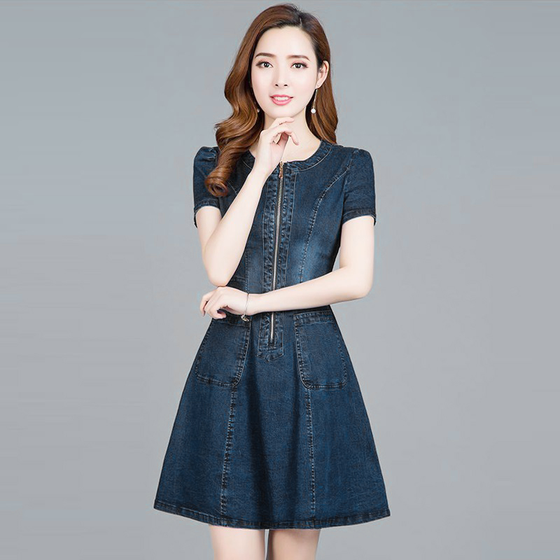 ĐẦM JEAN BIG SIZE XÒE CỔ TRÒN KHÓA KÉO TRƯỚC NGỰC